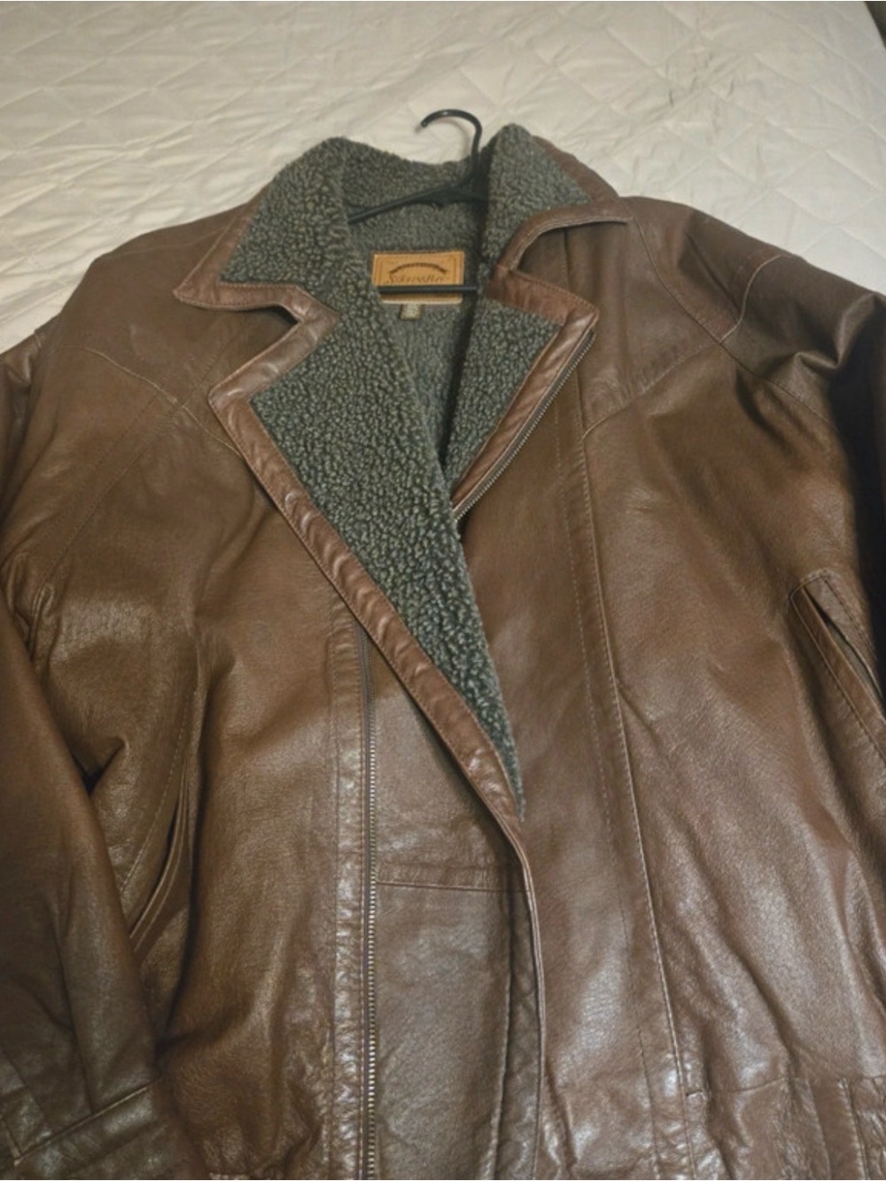 St. John's Bay Brown Leather Pea Coat with Gray Sherpa Collar